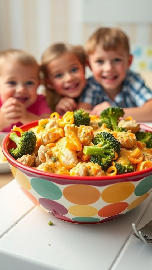 A colorful bowl of cheesy broccoli and chicken casserole ready to be served.