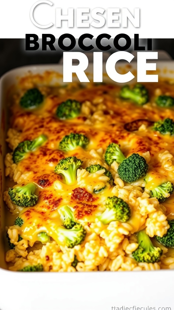 Cheesy broccoli and rice casserole with golden cheese and green broccoli pieces.