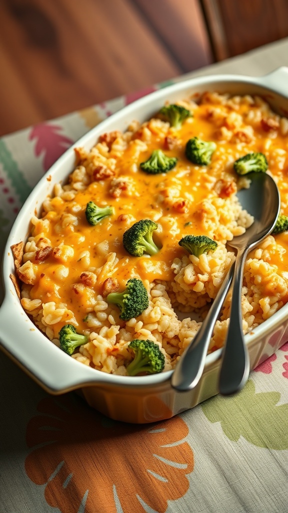 A cheesy broccoli and rice casserole baked with a golden cheese topping and green broccoli florets.