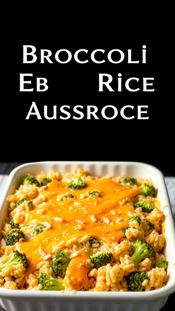 A delicious Cheesy Broccoli and Rice Casserole topped with melted cheese and broccoli florets.