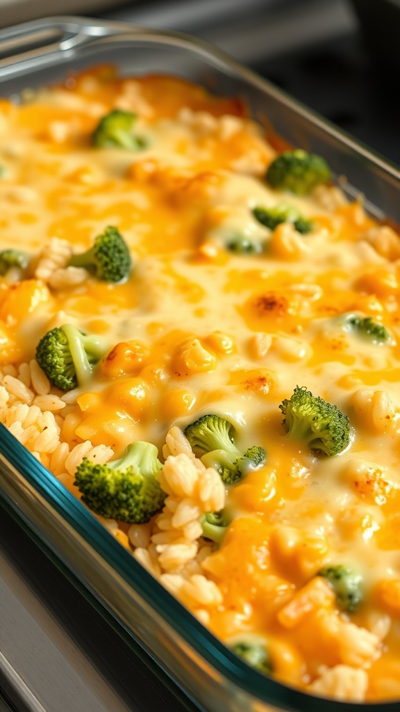 A close-up of a cheesy broccoli and rice casserole, featuring melted cheese and broccoli florets.