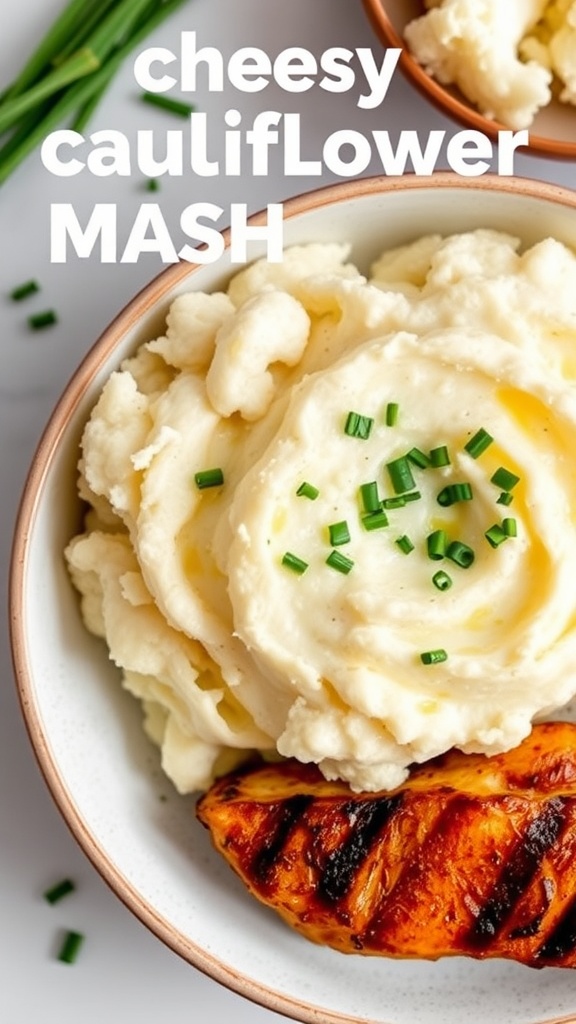 A bowl of cheesy cauliflower mash garnished with chives.