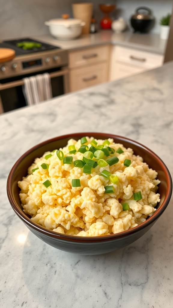 A bowl of cheesy cauliflower rice topped with chopped green onions.