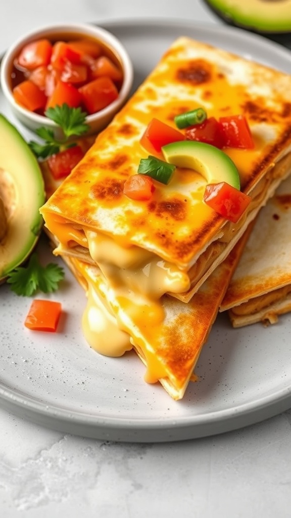 Delicious cheesy chicken quesadillas served with salsa and avocado.