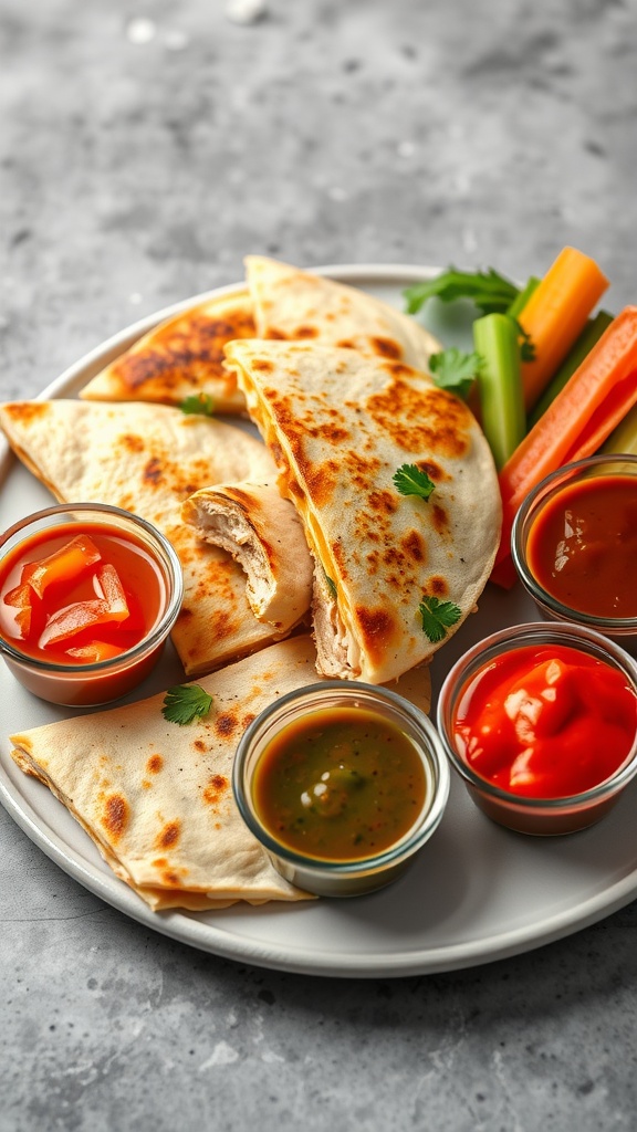 Cheesy chicken quesadillas served with dipping sauces and vegetables