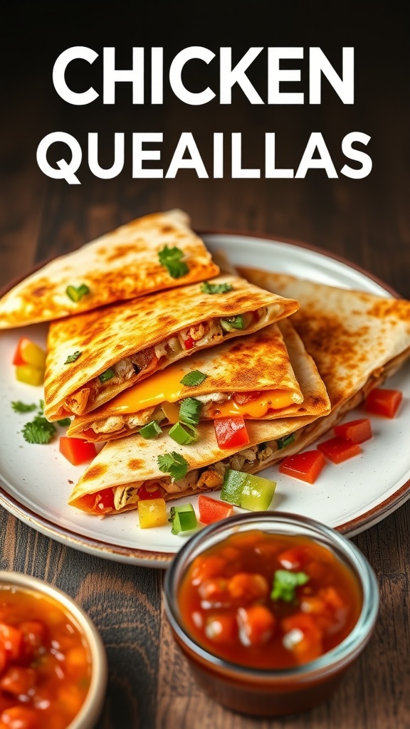 Cheesy chicken quesadillas served with salsa on the side.