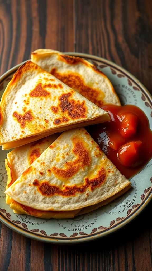 A plate of cheesy quesadilla slices served with ketchup.