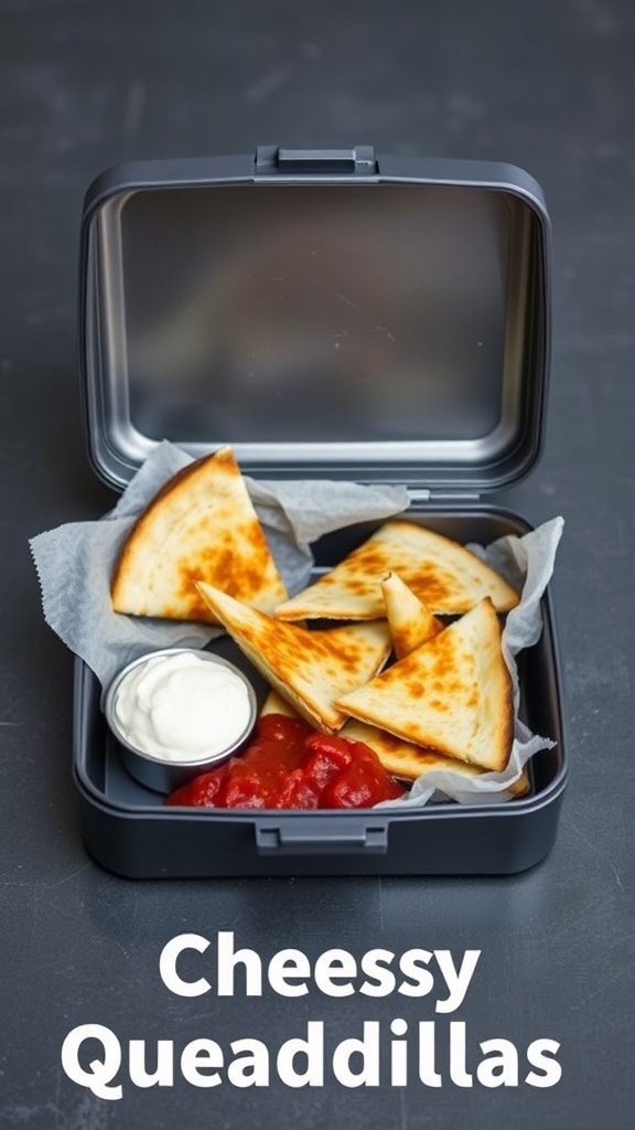 Cheesy quesadilla wedges in a lunchbox with salsa and sour cream