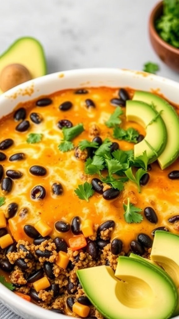 A cheesy quinoa and black bean casserole topped with avocado and cilantro