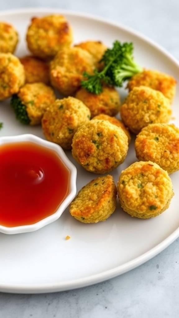 A tray of cheesy quinoa and broccoli bites on a kitchen counter surrounded by fresh vegetables.