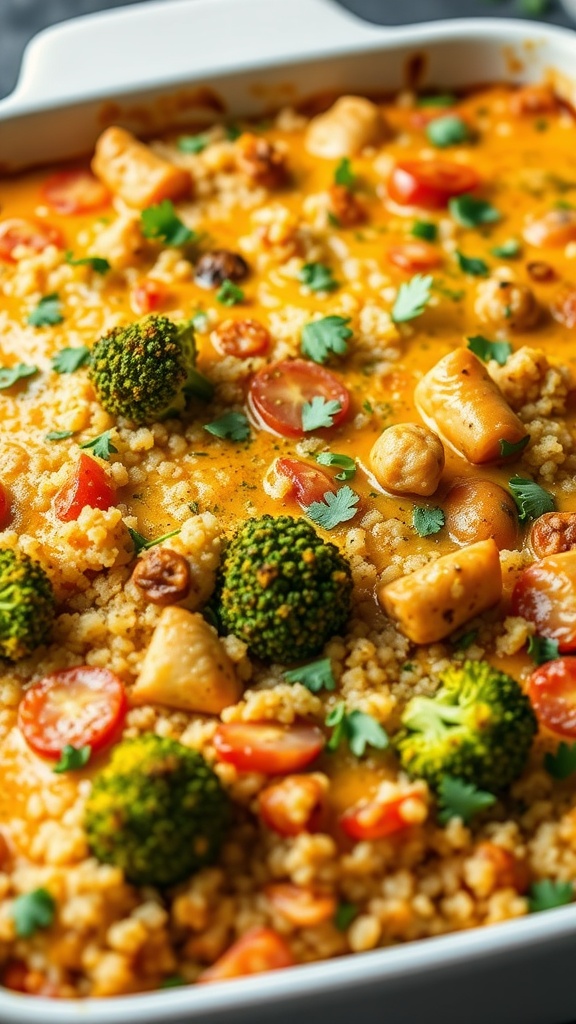 A delicious cheesy quinoa and broccoli casserole served in a dish.