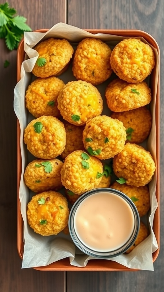 A box of cheesy quinoa bites with a creamy dipping sauce