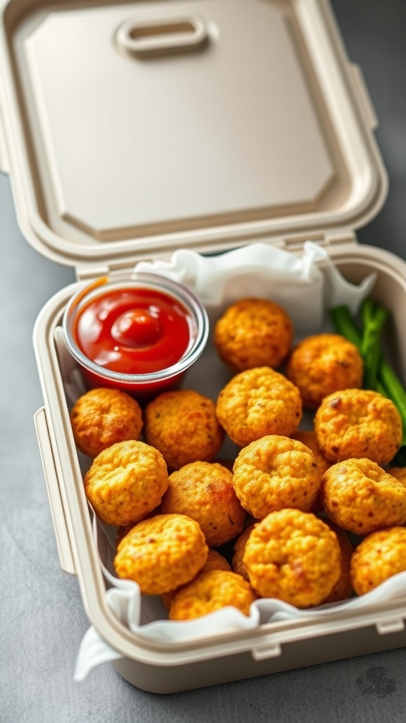 A lunchbox filled with cheesy quinoa bites and dipping sauce.