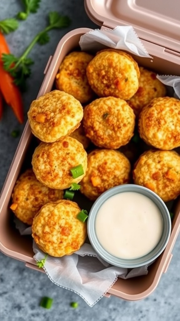Cheesy quinoa bites served with a dipping sauce in a lunchbox