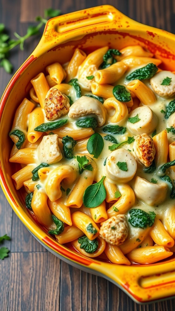 A delicious cheesy spinach and chicken pasta bake, showcasing creamy cheese and vibrant spinach.