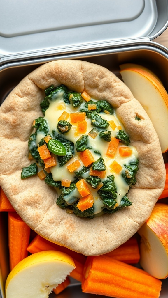 Cheesy spinach stuffed whole wheat pita with carrots and apple slices.