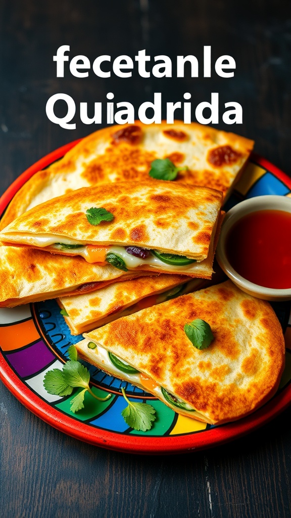 Cheesy vegetable quesadillas served with salsa and garnished with cilantro.