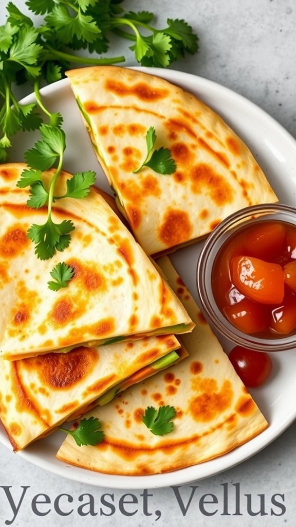 Delicious cheesy vegetable quesadillas served with salsa and garnished with cilantro.