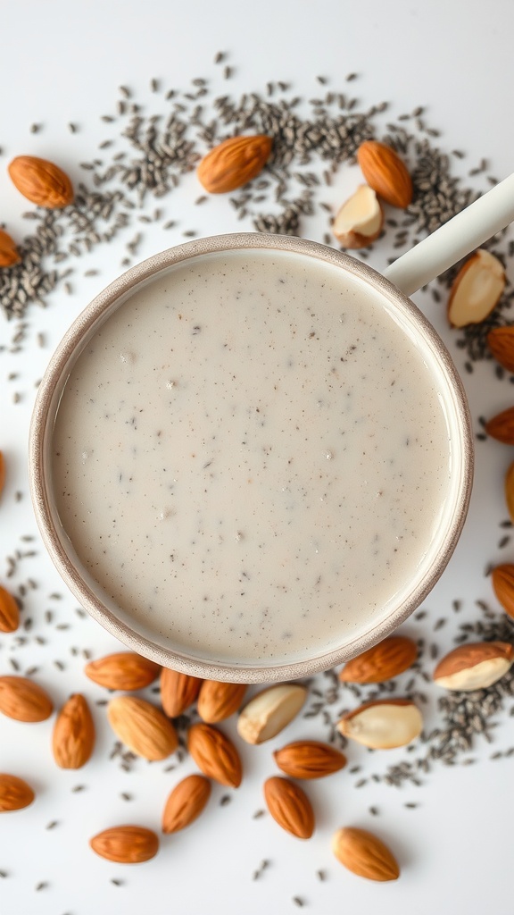 A creamy chia seed and almond milk smoothie with almonds and chia seeds around it.