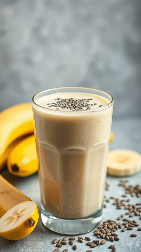 Chia Seed and Banana Delight smoothie in a glass with bananas and chia seeds around it.