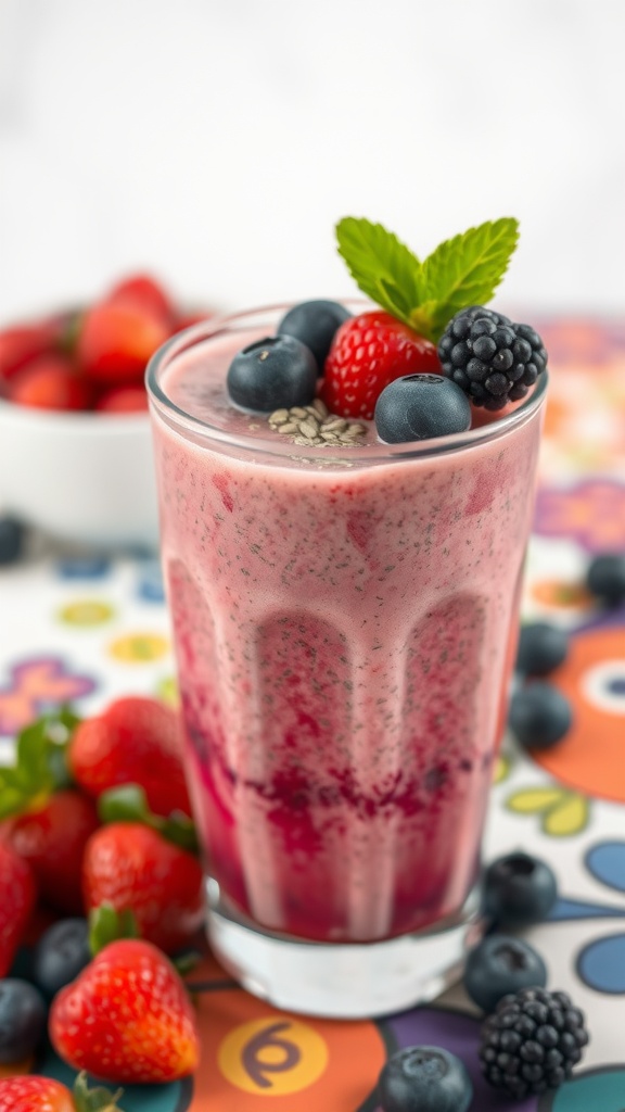 A refreshing chia seed and berry smoothie topped with fresh berries and mint
