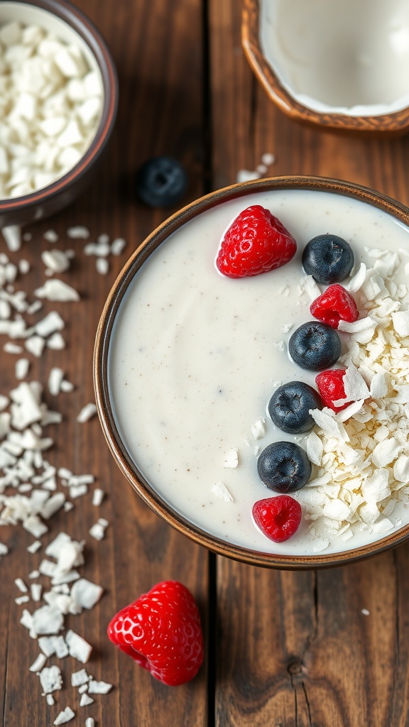 Chia Seed and Coconut Smoothie in a bowl, garnished with berries and shredded coconut