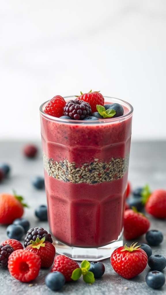 A glass of Chia Seed Berry Fusion smoothie with mixed berries