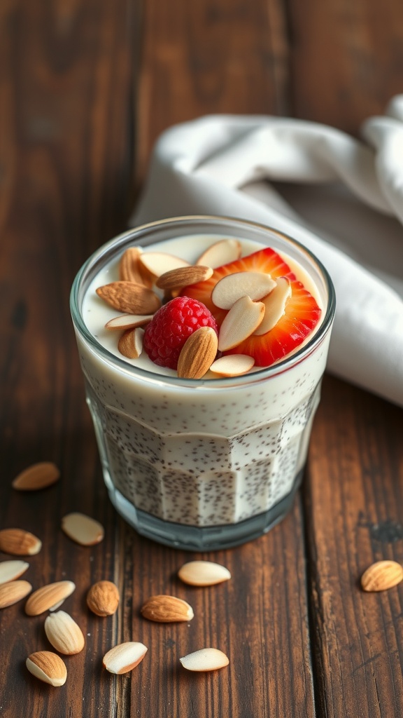 Chia seed pudding topped with strawberries, raspberries, and almonds in a glass on a wooden table.