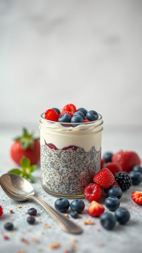 Chia seed pudding topped with fresh berries in a jar.