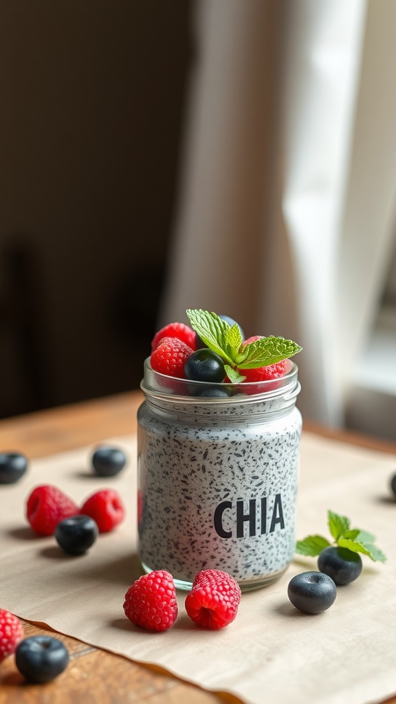 A jar of chia seed pudding topped with fresh berries and mint leaves.