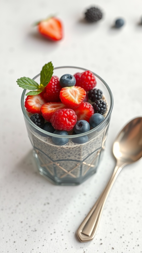 A glass of chia seed pudding topped with fresh berries, including strawberries, blueberries, raspberries, and blackberries.