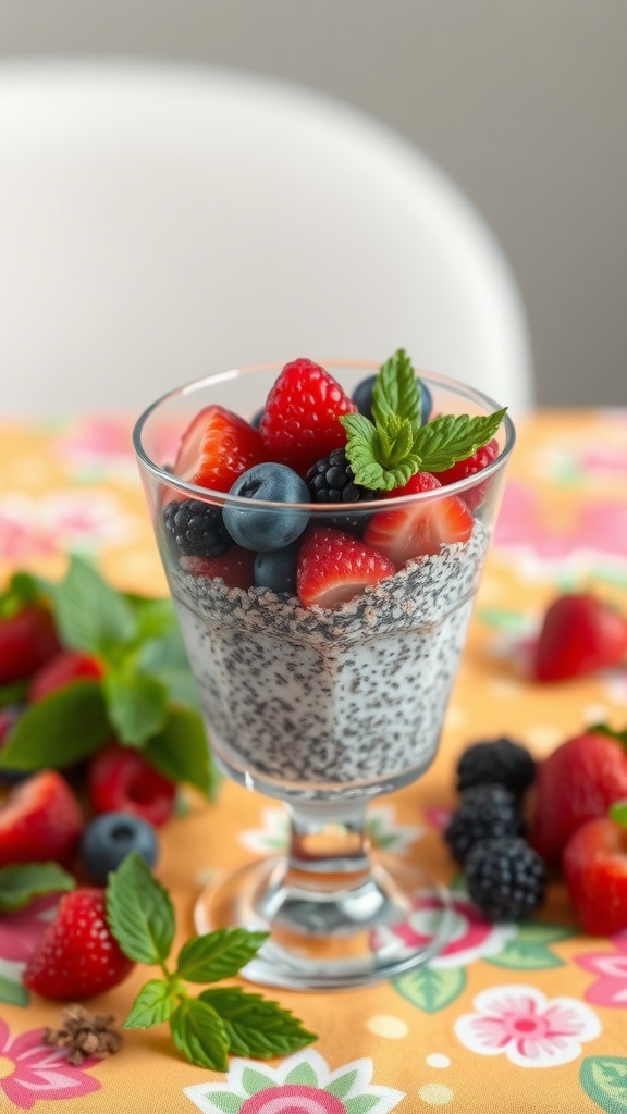 A glass of chia seed pudding topped with mixed berries and mint leaves.
