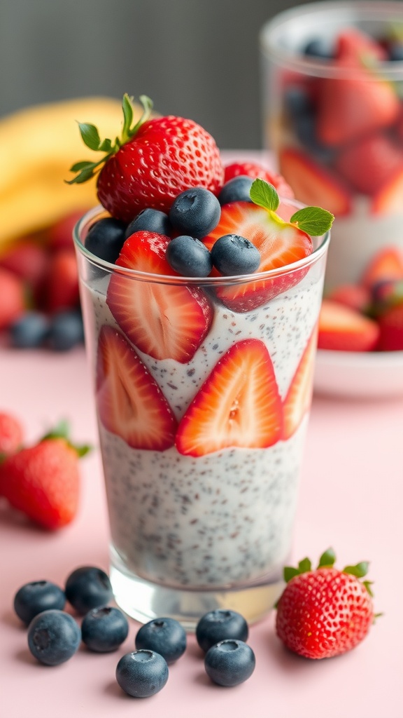 Glass of chia seed pudding topped with fresh strawberries and blueberries