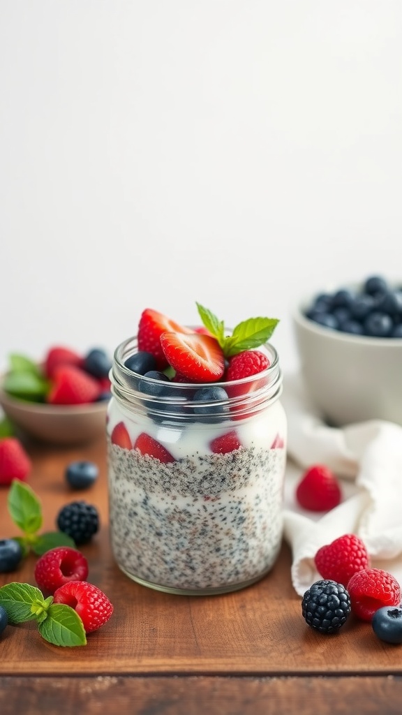 A jar of chia seed pudding layered with fresh berries and mint leaves