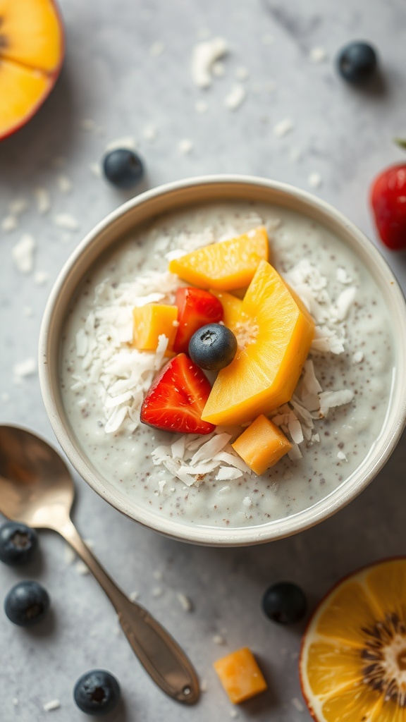A bowl of chia seed pudding topped with fresh fruits and shredded coconut.