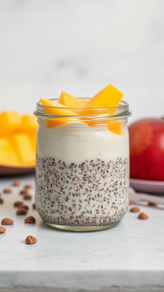 A jar of chia seed pudding topped with mango slices, surrounded by mango cubes and chocolate chips.