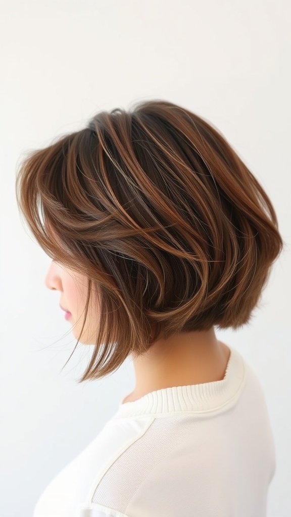 A stylish bob haircut with subtle waves, showcasing a modern and chic look.