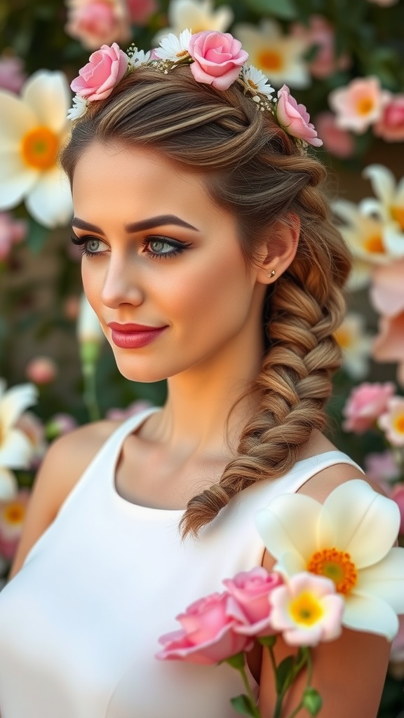 A woman with a braided crown hairstyle adorned with flowers.