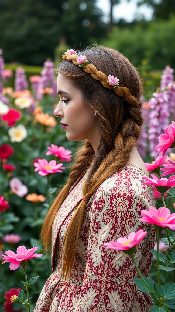 A young woman with braided hair styled in a crown, surrounded by colorful flowers.