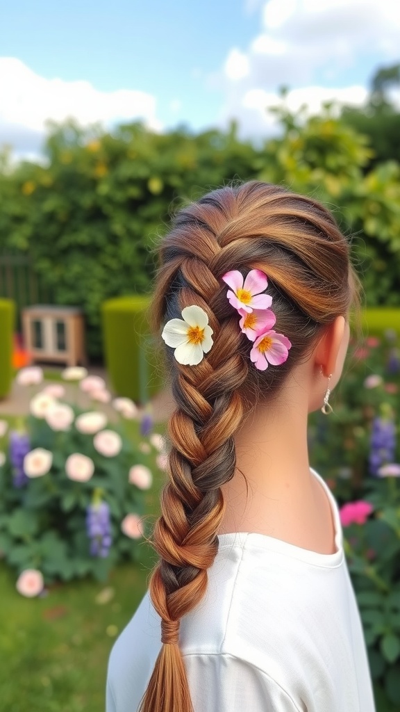 A stylish braided ponytail decorated with flowers, set against a garden backdrop.