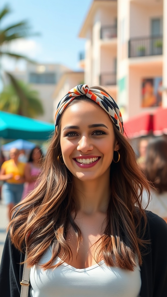 A woman with soft waves and a colorful patterned headband, smiling in a vibrant outdoor setting