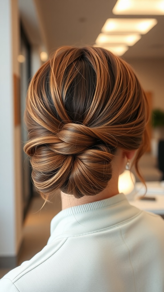 Chic low bun hairstyle showing a smooth, twisted hair arrangement.