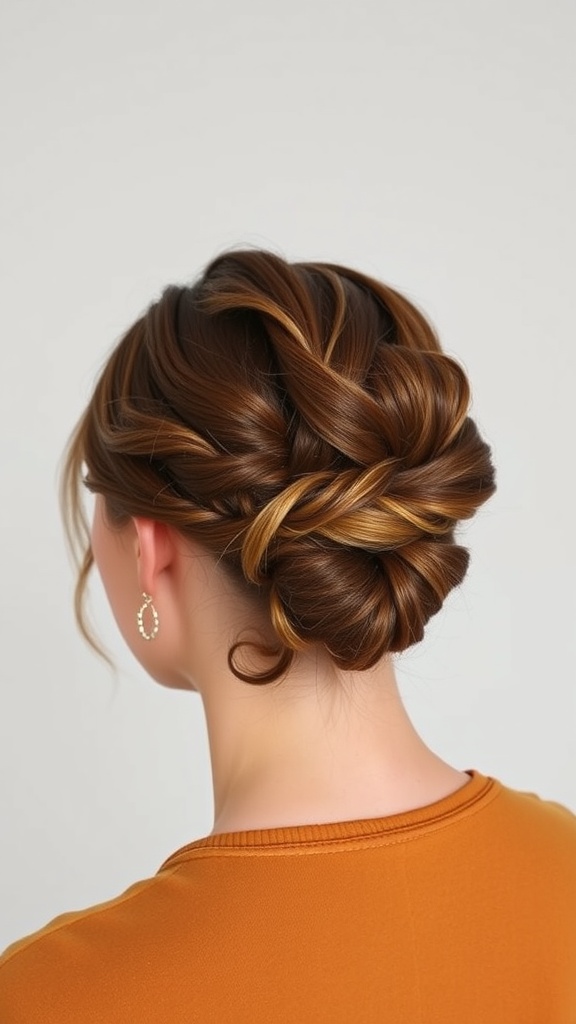 Chic low bun hairstyle with twisted sections of hair, perfect for busy women.
