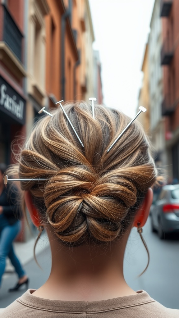 A stylish messy bun hairstyle with hair pins, demonstrating an effortless yet chic look