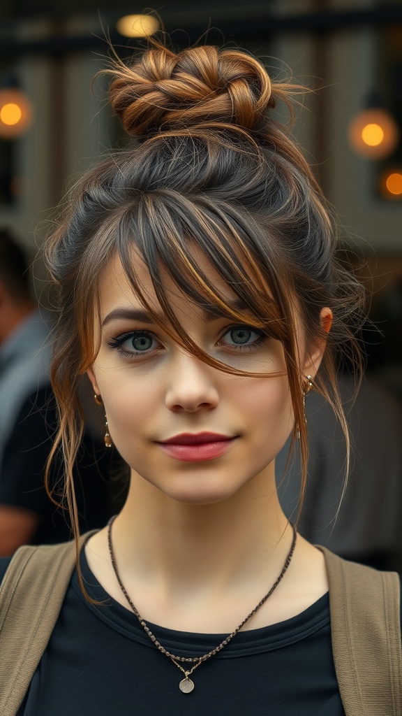 A young woman with a messy bun hairstyle and face-framing strands, wearing a casual outfit.