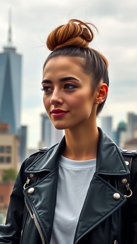 A young woman with a chic top knot hairstyle, wearing a leather jacket, with a city skyline in the background.