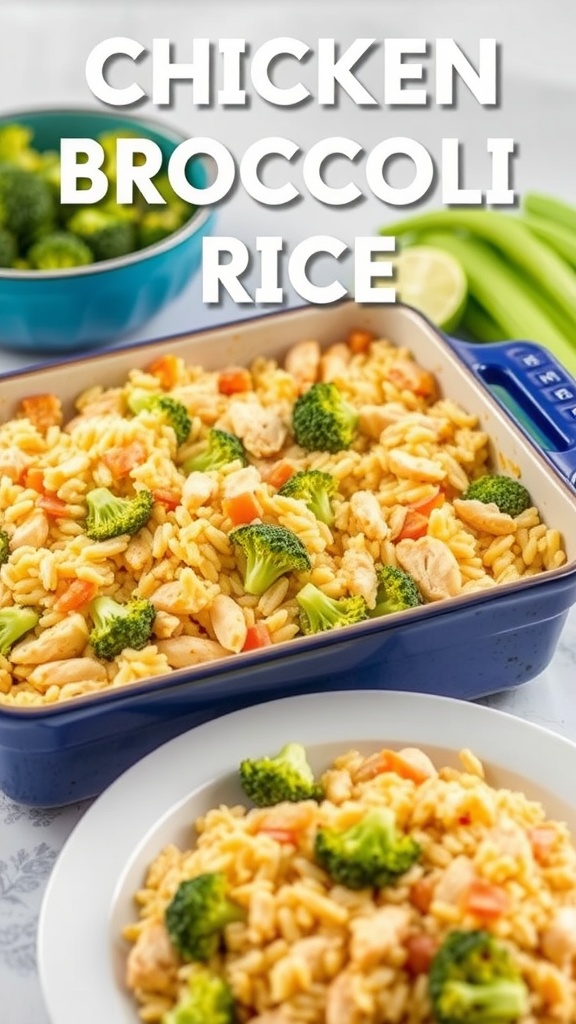 A delicious Chicken and Broccoli Rice Casserole served in a blue baking dish.