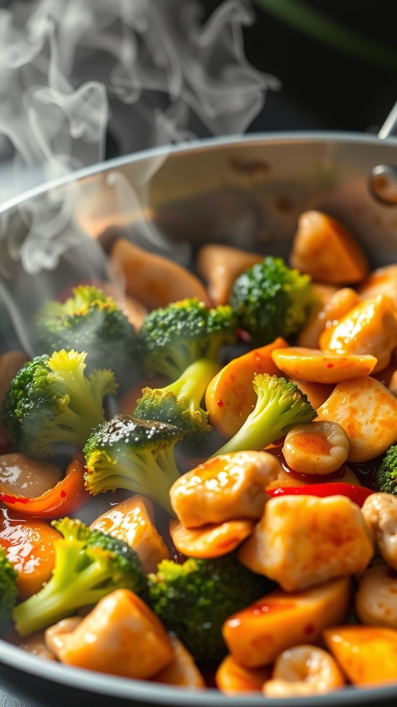A delicious chicken and broccoli stir-fry with rice, featuring colorful ingredients in a skillet.