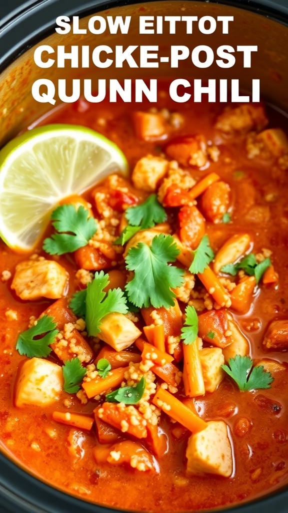A bowl of chicken and quinoa chili with fresh cilantro and lime.