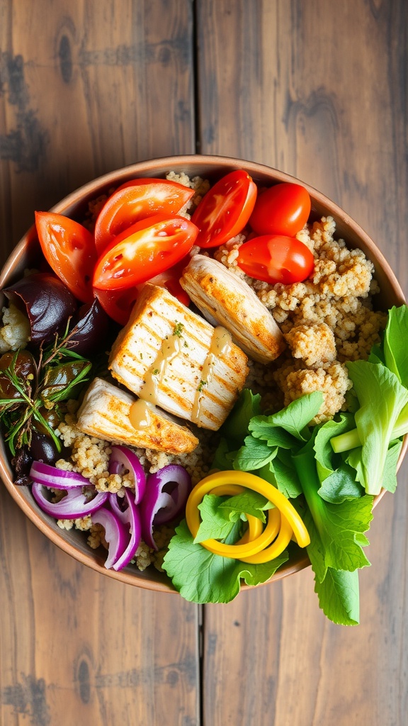 A colorful Chicken and Quinoa Power Bowl with grilled chicken, quinoa, cherry tomatoes, and fresh greens.